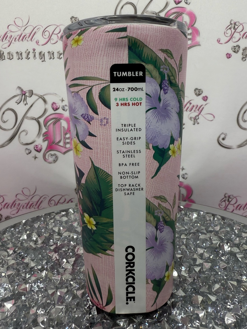 Corkcicle tumblr 700ml Pink Floral Stainless Steel Tumbler with Green Leaves